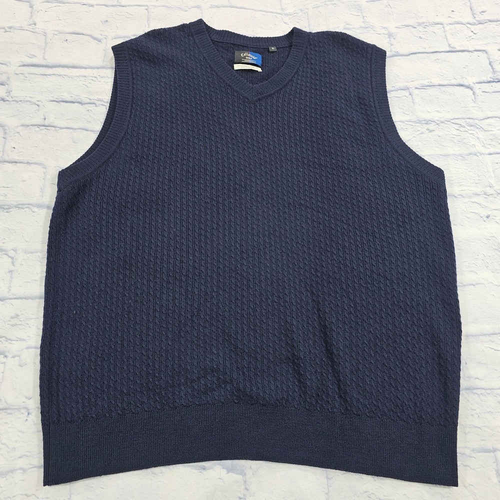 Callaway Golf Sweater Vest Men XL Navy Blue Merino Wool Cable Knit V Neck VTG
